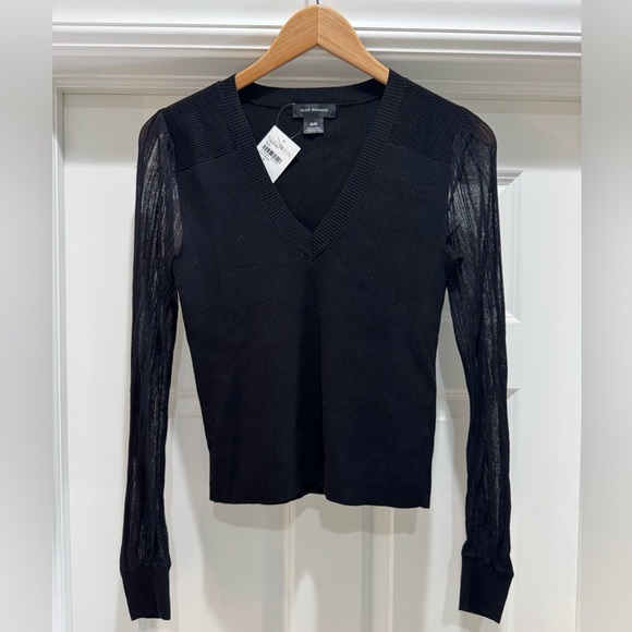 Club Monaco V-neck Sweater Black Ribbed Stretchy Sheer sleeves Size Medium NEW - Picture 1 of 11